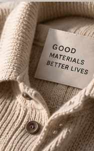Cardigan detail with GOOD MATERIALS BETTER LIVES label